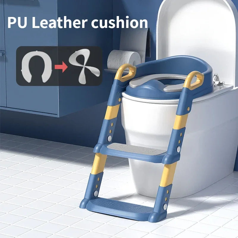 Foldable toddler step stool with attached toilet seat ring